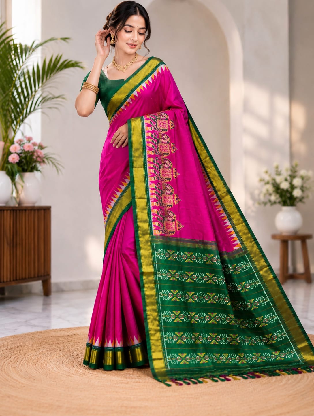 Pink Silk Saree with Green & Gold Border