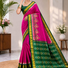 Pink Silk Saree with Green & Gold Border