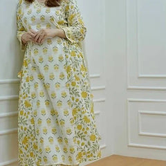 Yellow Cotton Afghani Kurti With Pant & Dupatta Set