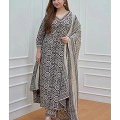 Black & Off White Floral Afghani Kurti With Pant & Dupatta Set