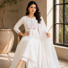 Elegant White Cotton Anarkali Suit Set with Floral Embroidery Dupatta