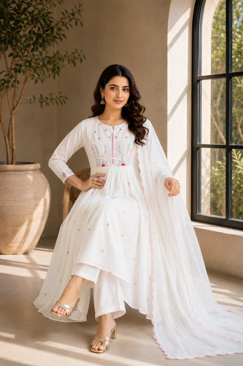 Elegant White Cotton Anarkali Suit Set with Floral Embroidery Dupatta