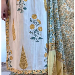 Ivory & Yellow Floral Printed Kurta Set with Matching Dupatta