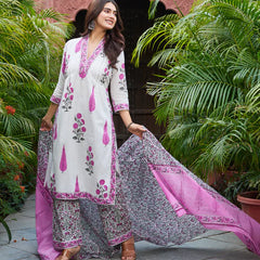 Ivory & Pink Floral Printed Kurta Set with Matching Dupatta