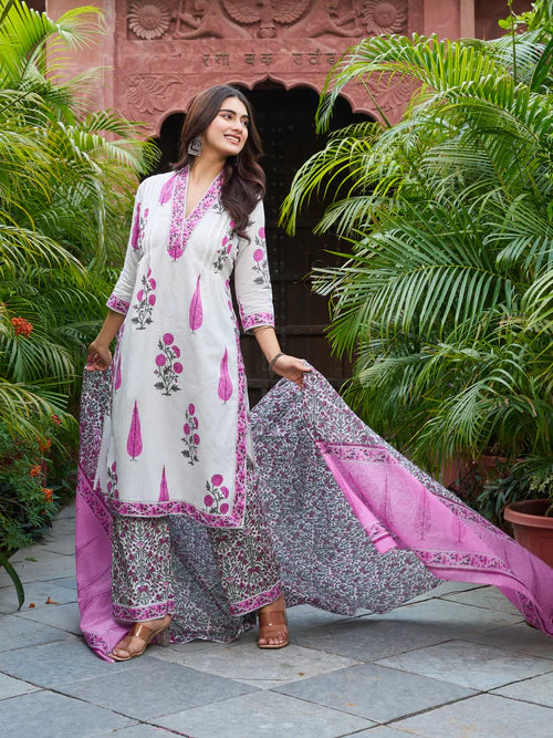 Ivory & Pink Floral Printed Kurta Set with Matching Dupatta