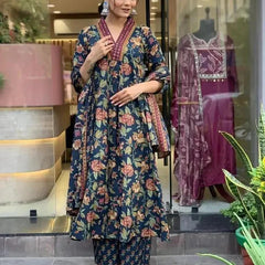 Women's Printed Cotton Anarkali Kurta & Pant With Dupatta Set Blue
