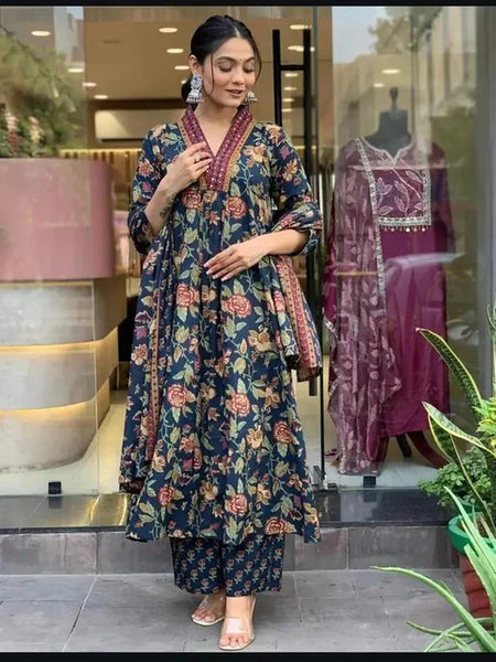 Women's Printed Cotton Anarkali Kurta & Pant With Dupatta Set Blue