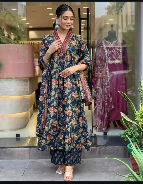 Women's Printed Cotton Anarkali Kurta & Pant With Dupatta Set Blue