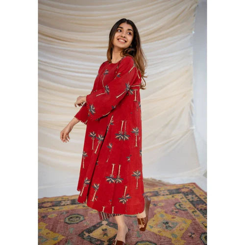 Red Ajrakh Cotton Jhabba Kali Co-ord