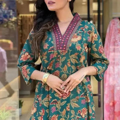 Women's Printed Cotton Anarkali Kurta & Pant With Dupatta Set Green