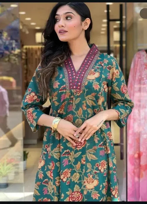 Women's Printed Cotton Anarkali Kurta & Pant With Dupatta Set Green
