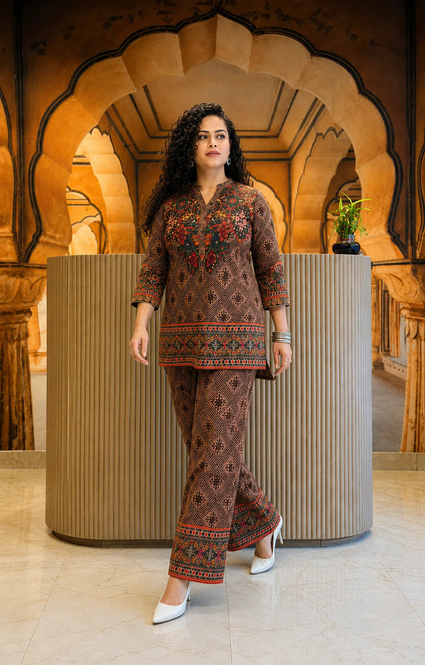 Brown Ethnic Printed Co-Ord Set