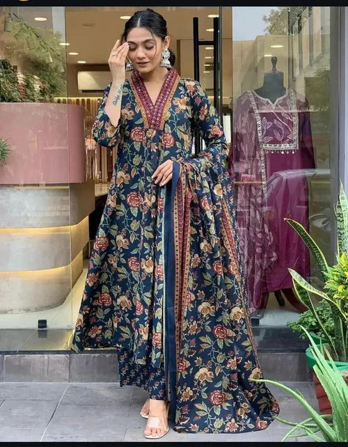Women's Printed Cotton Anarkali Kurta & Pant With Dupatta Set Blue