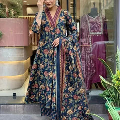 Women's Printed Cotton Anarkali Kurta & Pant With Dupatta Set Blue