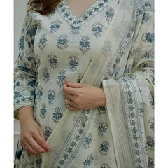Blue White Cotton Afghani Kurti With Pant & Dupatta Set
