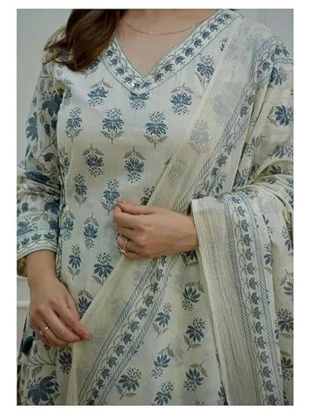 Blue White Cotton Afghani Kurti With Pant & Dupatta Set