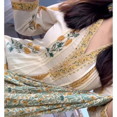 Ivory & Yellow Floral Printed Kurta Set with Matching Dupatta