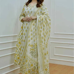 Yellow Cotton Afghani Kurti With Pant & Dupatta Set