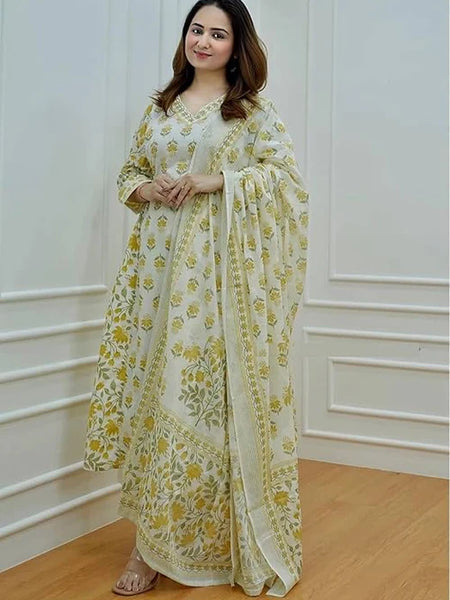 Yellow Cotton Afghani Kurti With Pant & Dupatta Set