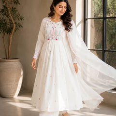 Elegant White Cotton Anarkali Suit Set with Floral Embroidery Dupatta