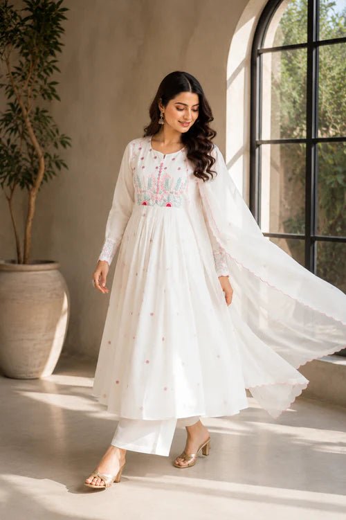 Elegant White Cotton Anarkali Suit Set with Floral Embroidery Dupatta