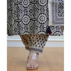 Black & Off White Floral Afghani Kurti With Pant & Dupatta Set