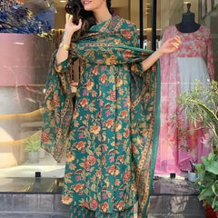 Women's Printed Cotton Anarkali Kurta & Pant With Dupatta Set Green