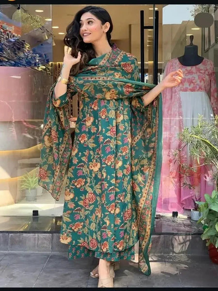 Women's Printed Cotton Anarkali Kurta & Pant With Dupatta Set Green