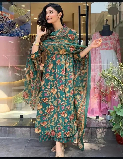 Women's Printed Cotton Anarkali Kurta & Pant With Dupatta Set Green