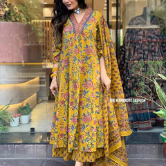 Women's Printed Cotton Anarkali Kurta & Pant With Dupatta Set Yellow