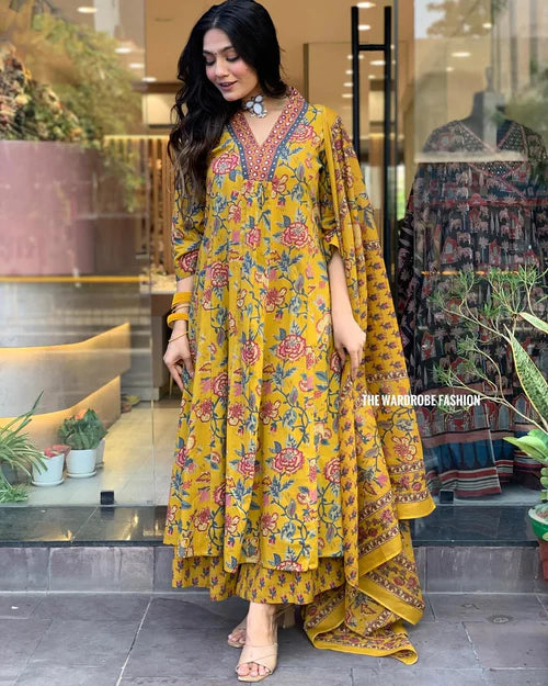 Women's Printed Cotton Anarkali Kurta & Pant With Dupatta Set Yellow