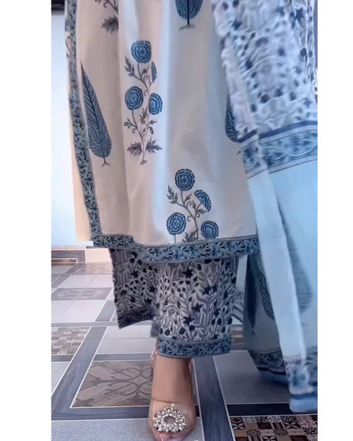 Blue Floral Printed Kurta Set with Matching Dupatta