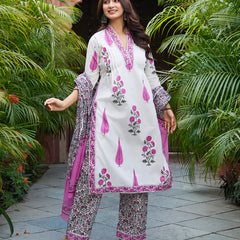 Ivory & Pink Floral Printed Kurta Set with Matching Dupatta