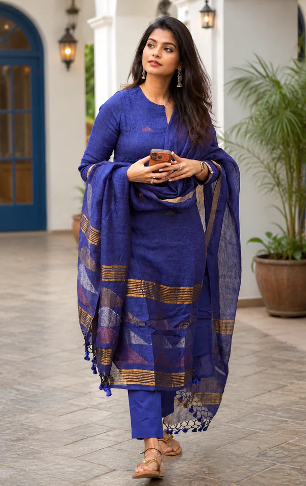 Blue Gold Designer jacquard Suit Set with Dupatta