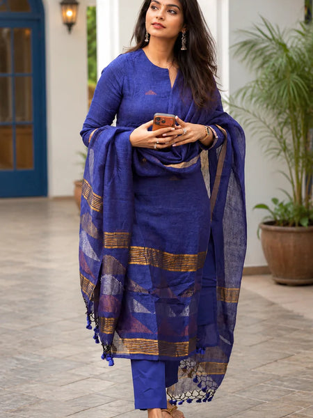 Blue Gold Designer jacquard Suit Set with Dupatta