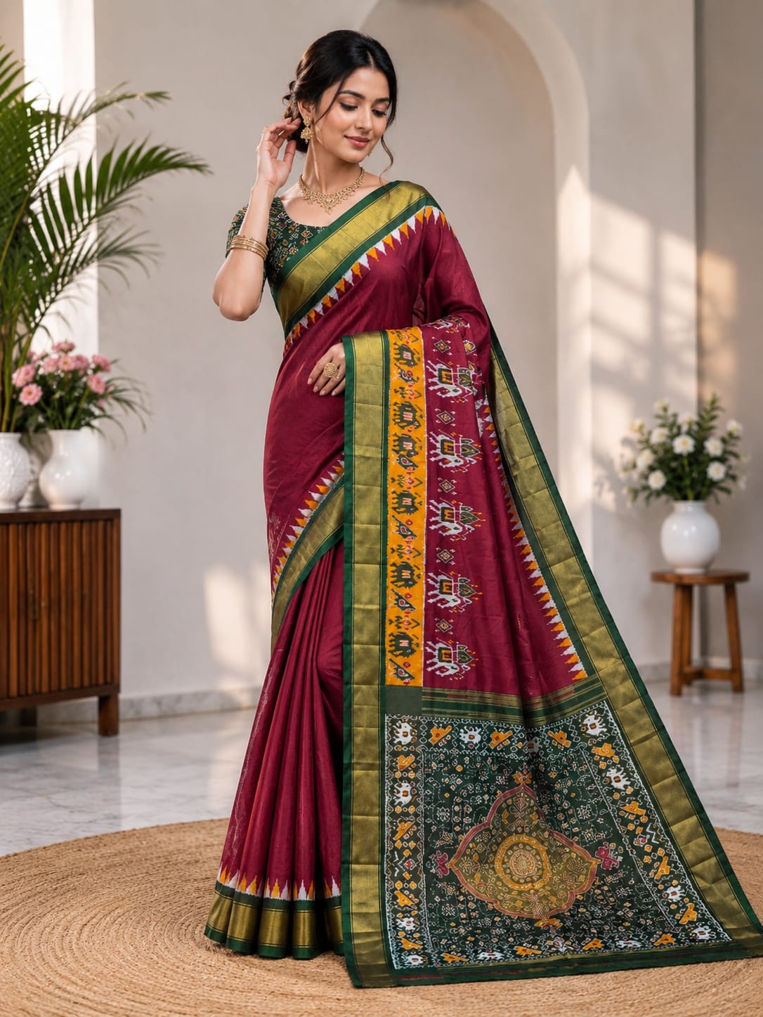 Maroon Style Silk Saree with Green & Gold Border