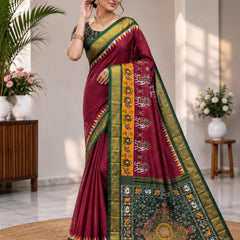 Maroon Style Silk Saree with Green & Gold Border