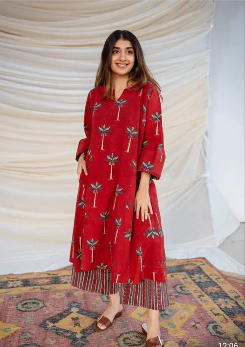 Red Ajrakh Cotton Jhabba Kali Co-ord