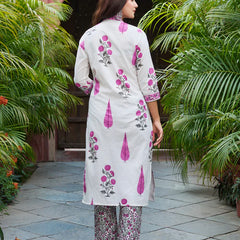 Ivory & Pink Floral Printed Kurta Set with Matching Dupatta
