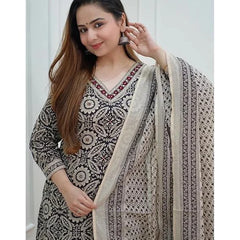 Black & Off White Floral Afghani Kurti With Pant & Dupatta Set