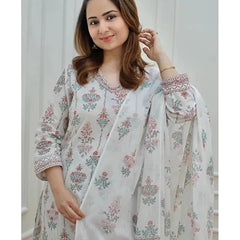 White Floral Cotton Kurti With Palazzo & Dupatta Set