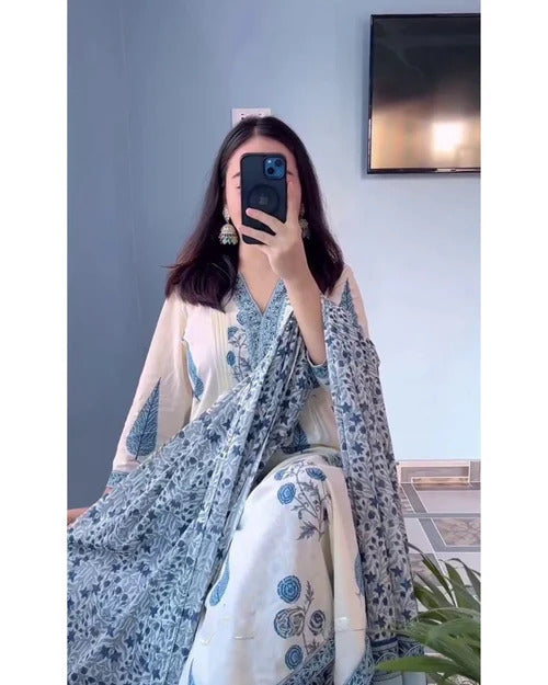 Blue Floral Printed Kurta Set with Matching Dupatta