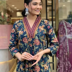 Women's Printed Cotton Anarkali Kurta & Pant With Dupatta Set Blue