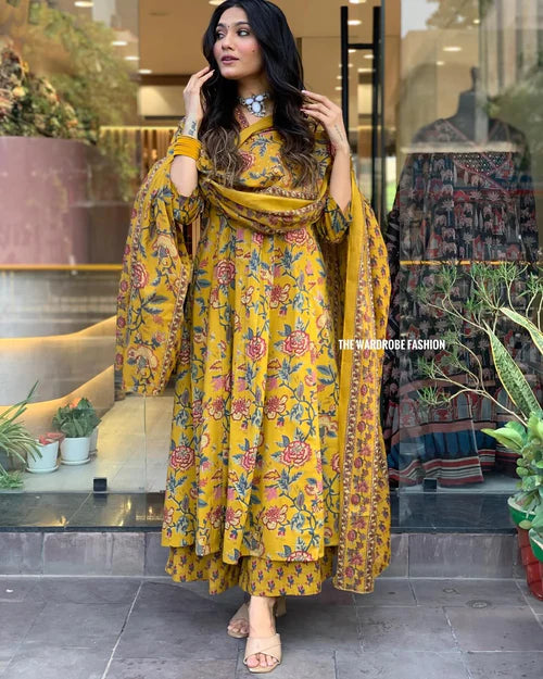 Women's Printed Cotton Anarkali Kurta & Pant With Dupatta Set Yellow