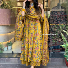 Women's Printed Cotton Anarkali Kurta & Pant With Dupatta Set Yellow