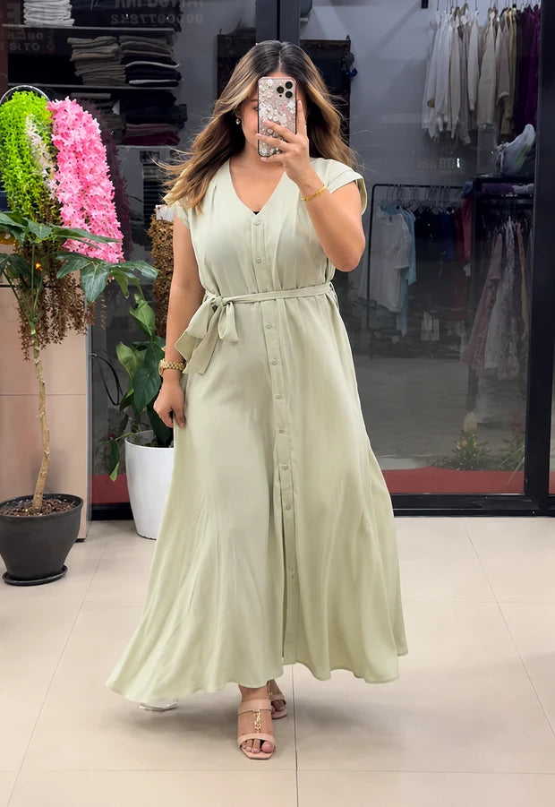 Button-Down Maxi Dress with Waist Tie