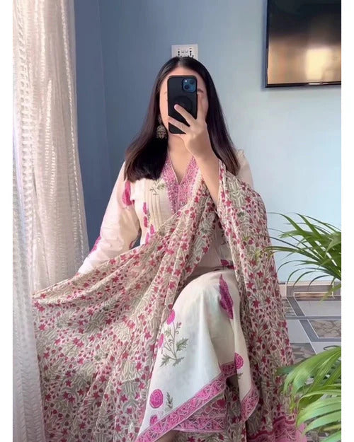 Pink Floral Printed Kurta Set with Matching Dupatta