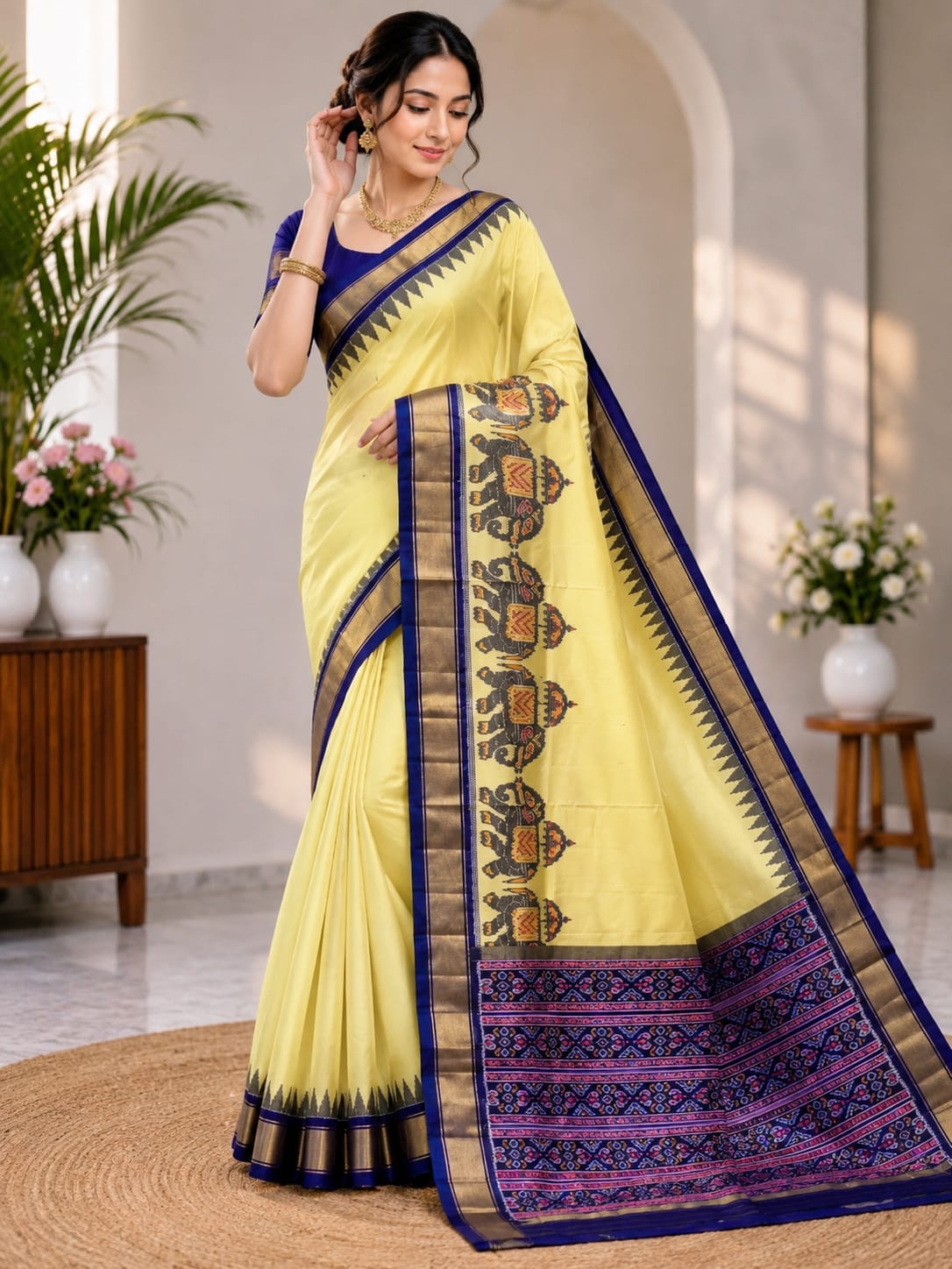 Yellow Silk Saree with Royal Blue & Gold Border