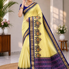 Yellow Silk Saree with Royal Blue & Gold Border