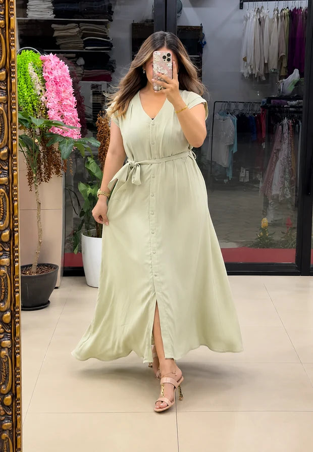Button-Down Maxi Dress with Waist Tie
